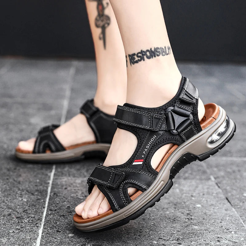 New Fashion Men's Sandals Summer Genuine Leather Sandals Outdoor Beach Sandals Non-slip Breathable Men's Wading Shoes Size 38-46