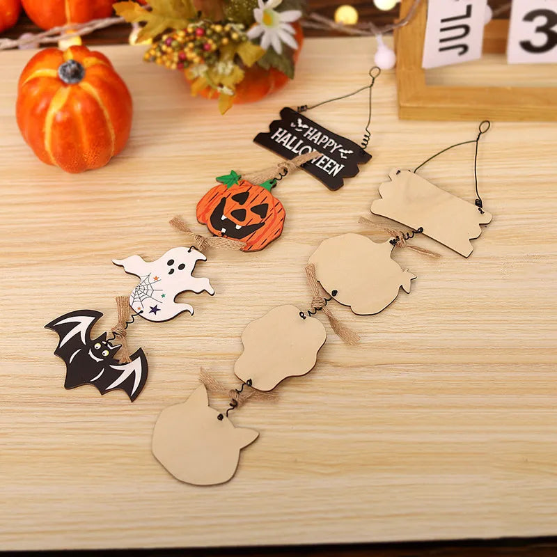 Halloween Wooden Decorations Pumpkin Bat Skeleton Ghost Pendant Hanging Ornament Wall Decor Horror Props Halloween Party Decor