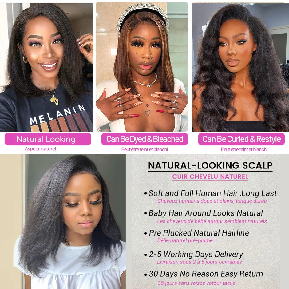 Kinky Straight Short Bob Wigs Natural Human Hair Glueless Wigs 13x4 HD Transparent Lace Frontal Wig For Women Wholesale On Sale