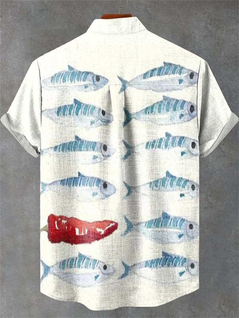 Fashionable Hawaiian Men's Shirt Linen 80% Printed Fish Shirt Comfortable Breathable Fabric Short Sleeve Fishing Fans