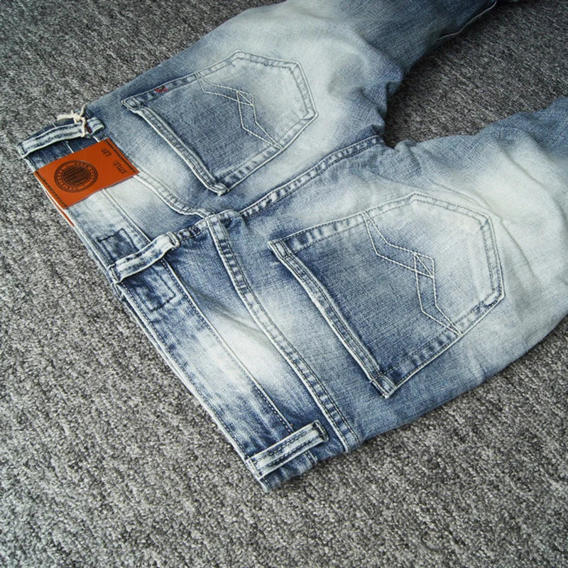 Italian Style Fashion Men Jeans Retro Light Blue Stretch Slim Fit Ripped Jeans Men Y2K Vintage Casual Denim Pants Hombre