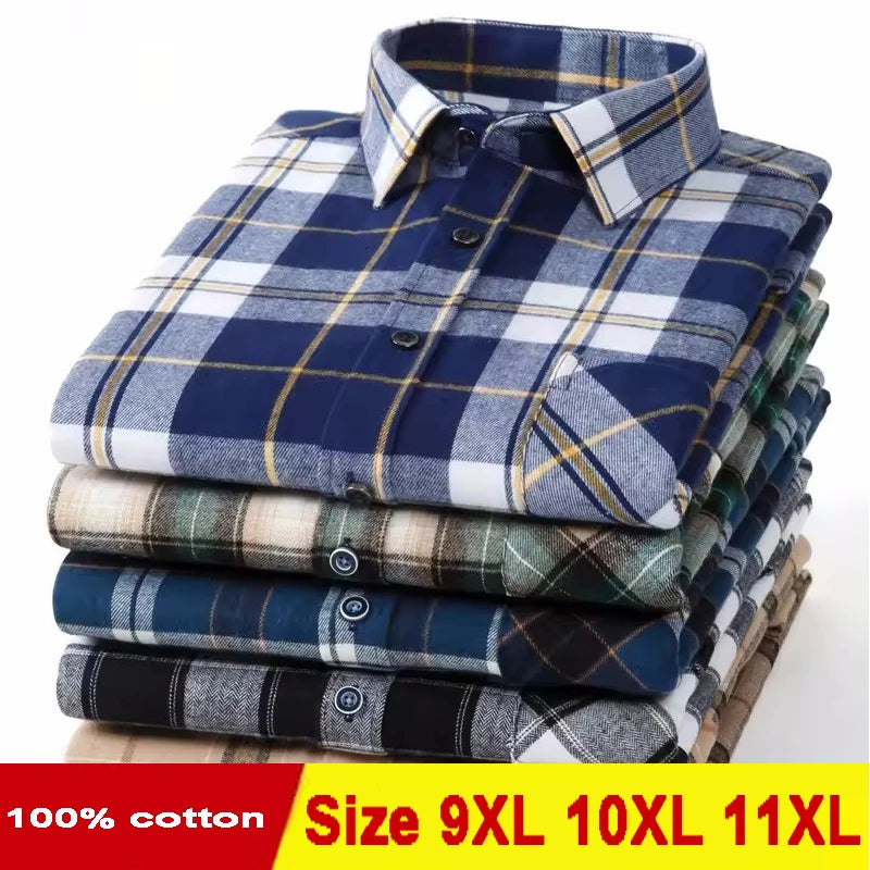 Size 11XL 10XL 9XL Fashion Flannel Plaid Shirts For Mens Long Sleeve Cotton Casual Soft Standard-Fit Male Shirt Blouse Clothing
