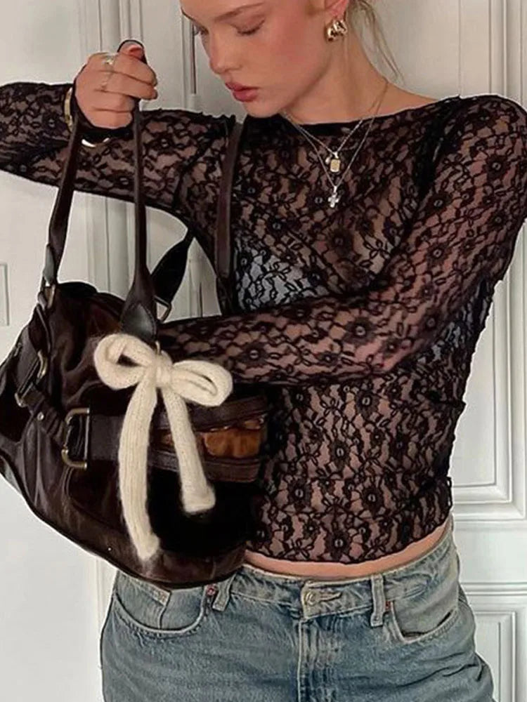 Long Sleeves See Through Lace Crop Top Solid Sexy Bodycon T-Shirt For Women Party Club Autumn Winter Clothes