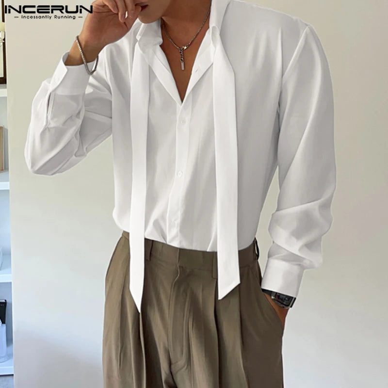 Handsome Well Fitting Tops INCERUN Men's Deconstructive Design Lace Up Shirts Casual Solid Comfortable Lapel Long Sleeved Blouse