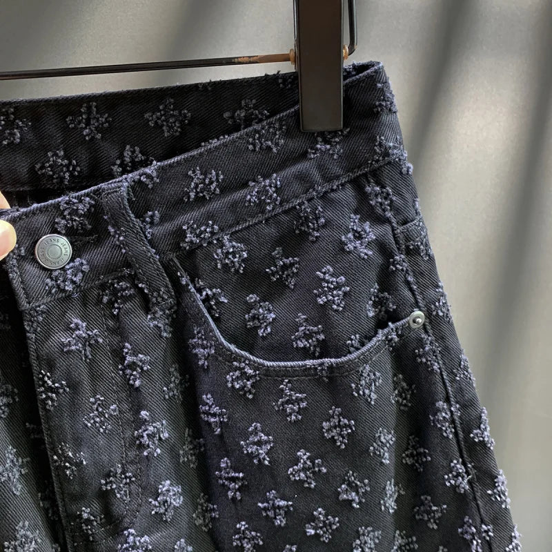 2025 Summer New Trendy Scratched Denim Shorts for Men, Loose Straight, Fashionable Street Casual Black Pentagram Pants