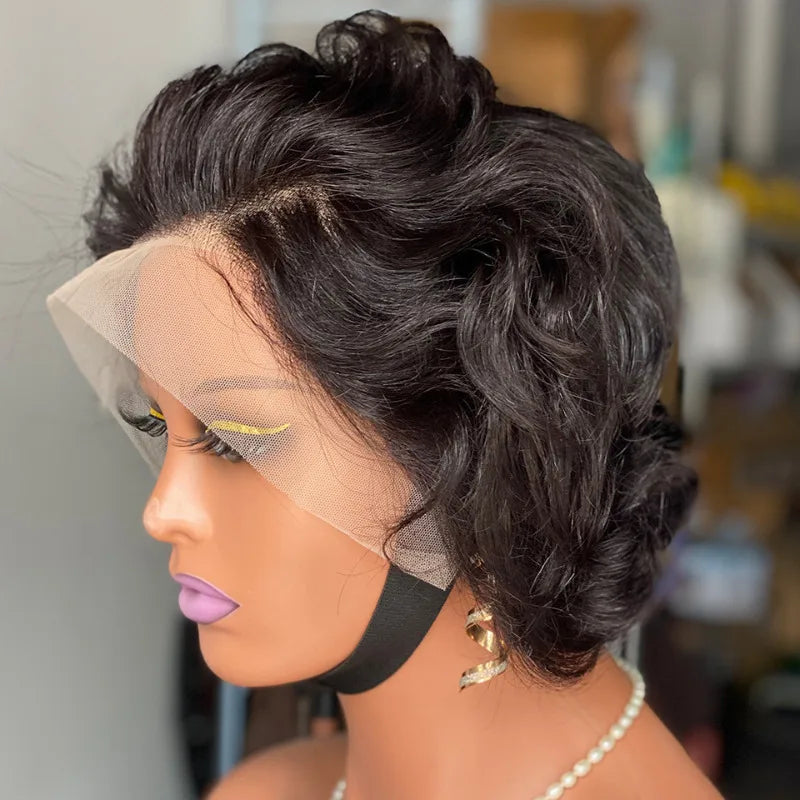 200% Density High Quality Curly Pixie Cut 13x4 Lace Frontal Wavy Wigs Virgin Human Hair Soft Natural Look Easy Style Comfort