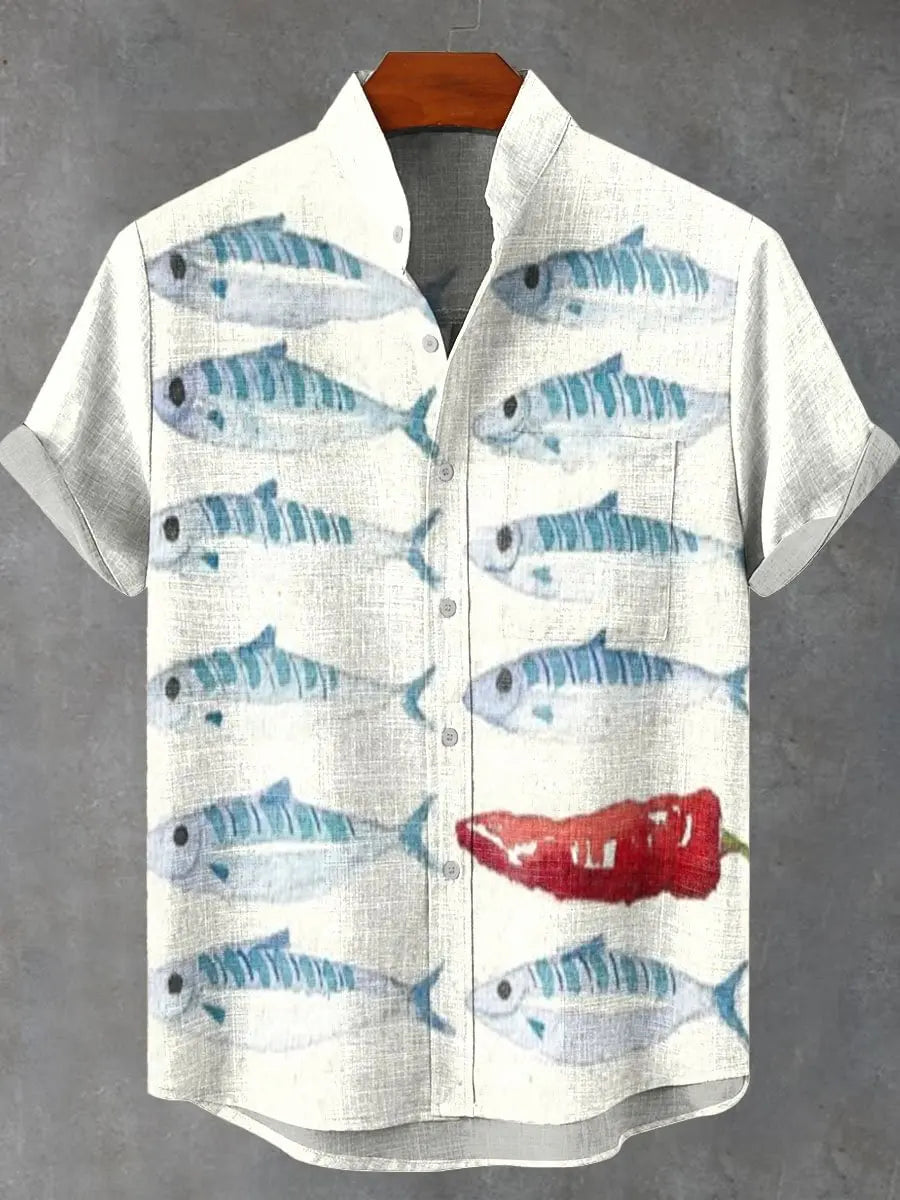 Fashionable Hawaiian Men's Shirt Linen 80% Printed Fish Shirt Comfortable Breathable Fabric Short Sleeve Fishing Fans