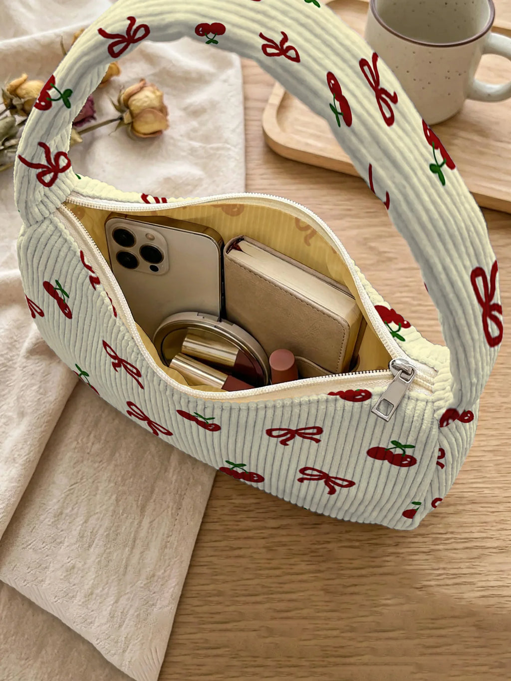 Trendy Cherry & Bow Print Shoulder Bag, Beige Corduroy Underarm Bag for Daily Casual Use