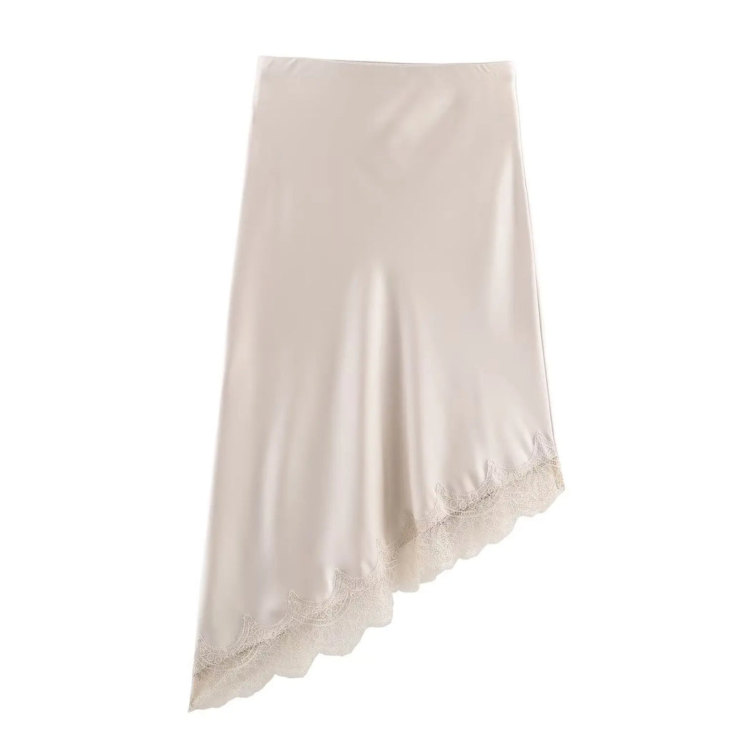 BSAY Lace Asymmetry Satin Texture Skirt Women Fashion Autumn Winter New Solid Chic Female High Waist Elegant Skirts Mujer