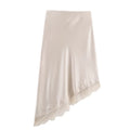 BSAY Lace Asymmetry Satin Texture Skirt Women Fashion Autumn Winter New Solid Chic Female High Waist Elegant Skirts Mujer