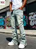 HME Men's Flared Denim Pants, Light Blue Vintage Jeans with Rips & Zipper Hem for Casual Style
