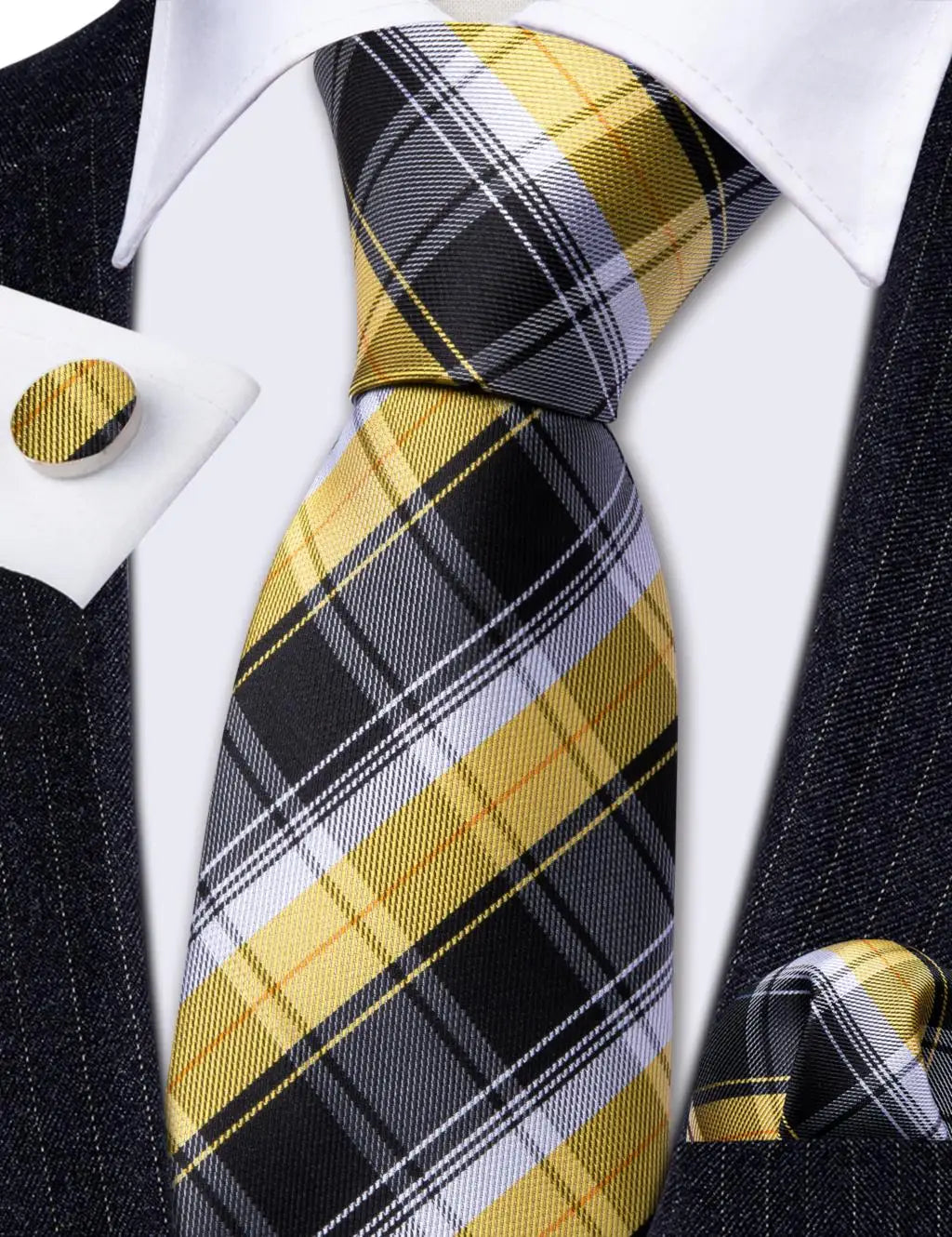Classic Black Yellow Tie For Men With Pocket Square Cufflink Set Plaid Woven Necktie Business Designer Party Barry.Wang