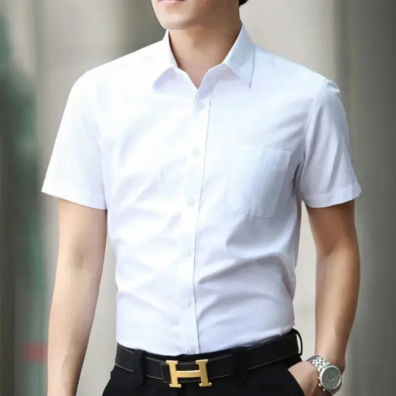 Men's Short Sleeved Dress Shirt Summer White Black Blue Pink Classic Solid Chemise Homme Male Business Casual Shirts KOACUS