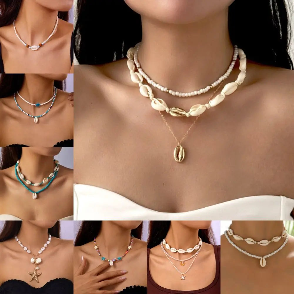 Fashion Bohemian Style Shell Necklace Double Layer Starfish Clavicle Chain Sweater Chain Gifts