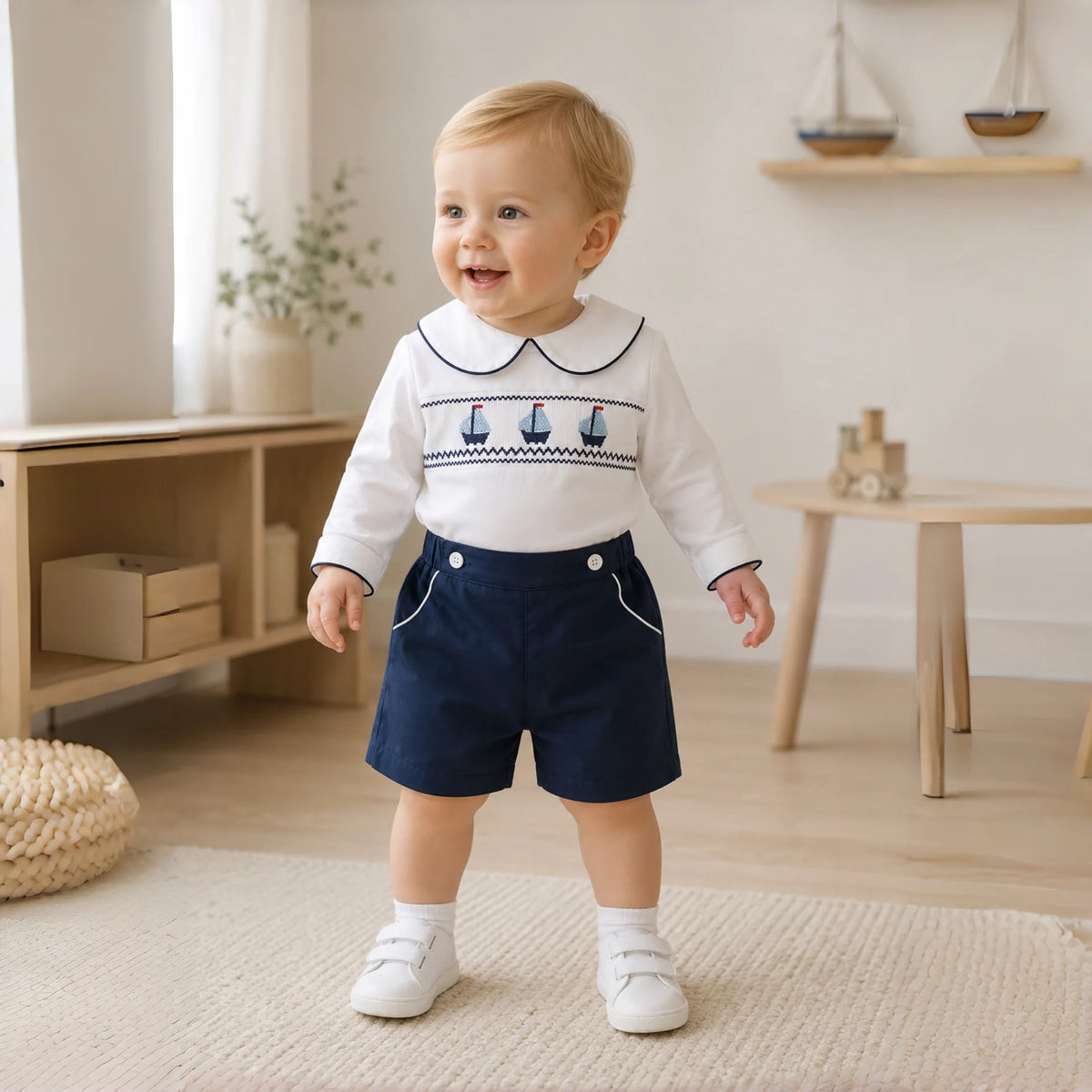 Baby Boy's 2 Pieces Summer Boutique Clothing Set Smocking Boat Design for Infant Daily Dress Toddler School Uniform Cotton Suit