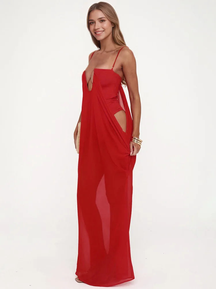 Sibybo Patchwork Sheer Mesh Draped Women Maxi Dress Sexy Deep V Neck Spaghetti Strap Party Evening Gown Summer Vacation Outfits