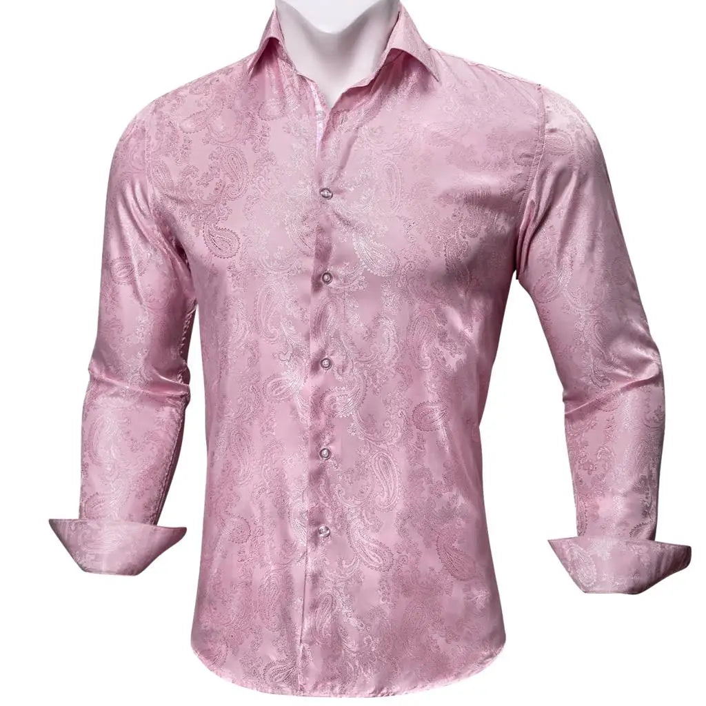 Luxury Shirts for Men Silk Long Sleeve Pink Paisley Slim Fit Male Blouses Casual Formal Tops Breathable Barry Wang