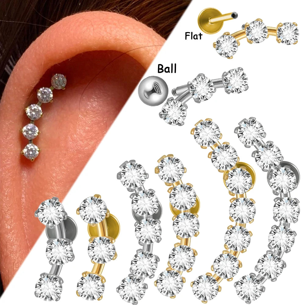 1PC Three/Five/Seven Stainless Steel Zircon Ear Tragus Cartilage Piercing Internal Thread Daith Lip Piercing Body Jewelry
