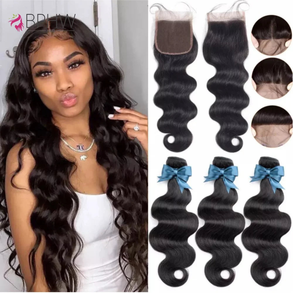 Body Wave 3 Bundles With 4x4 Closure Human Hair 3 Bundles With Lace Closure Brazilian Hair Weave Bundles Remy Hair Extension