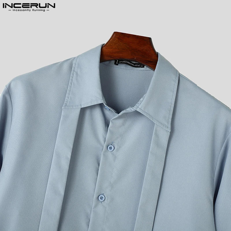 Handsome Well Fitting Tops INCERUN Men's Deconstructive Design Lace Up Shirts Casual Solid Comfortable Lapel Long Sleeved Blouse