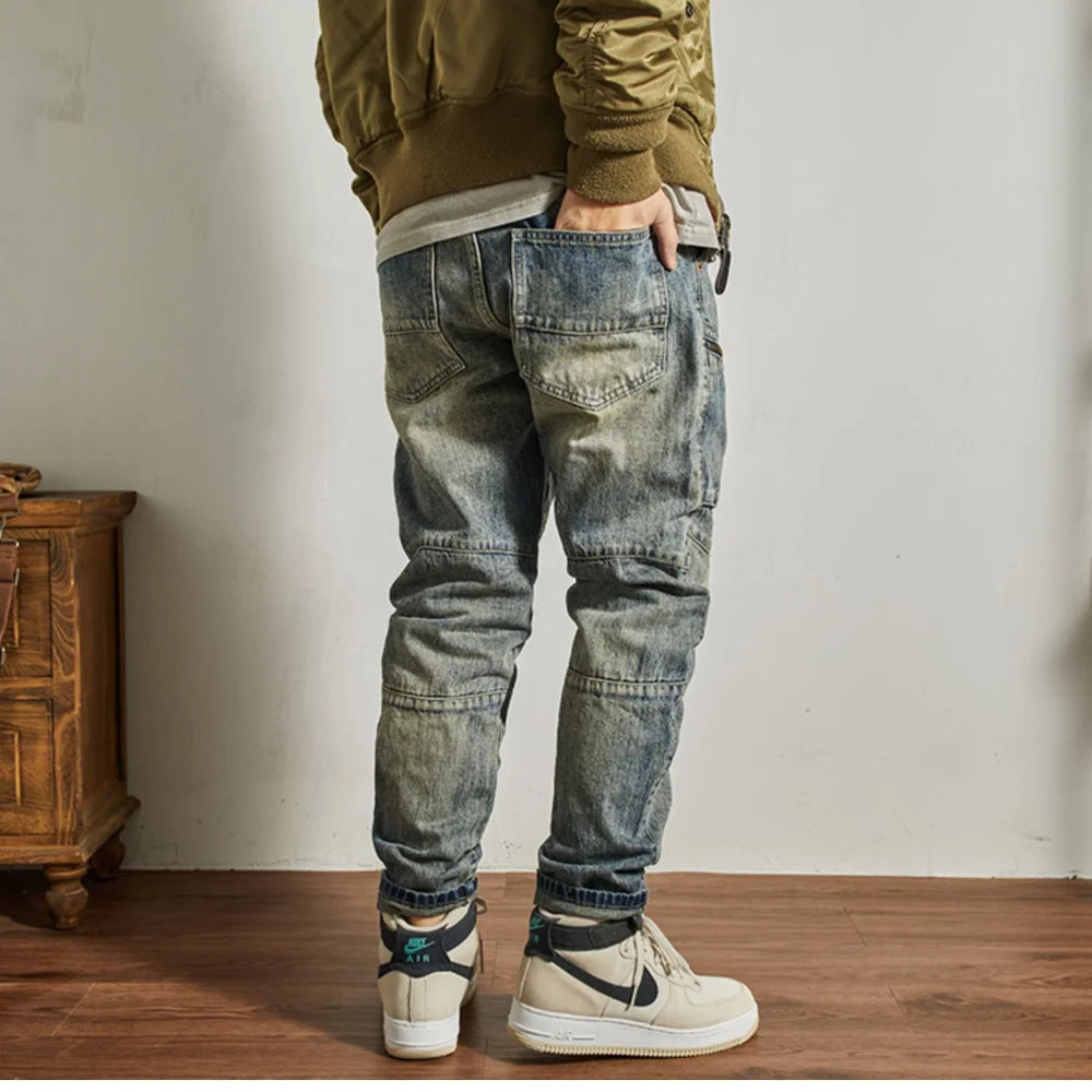 Machete splicing motorcycle jeans men's American vintage wash to make old slim small straight leg cargo denim pants
