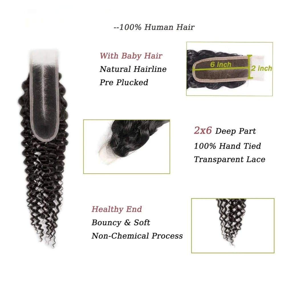 2x6 Lace Closure Jerry Curly 100% Unprocessed Brazilian Virgin Remy Hair Pre-Plucked Hairline Deep Curly Closure Natural Color