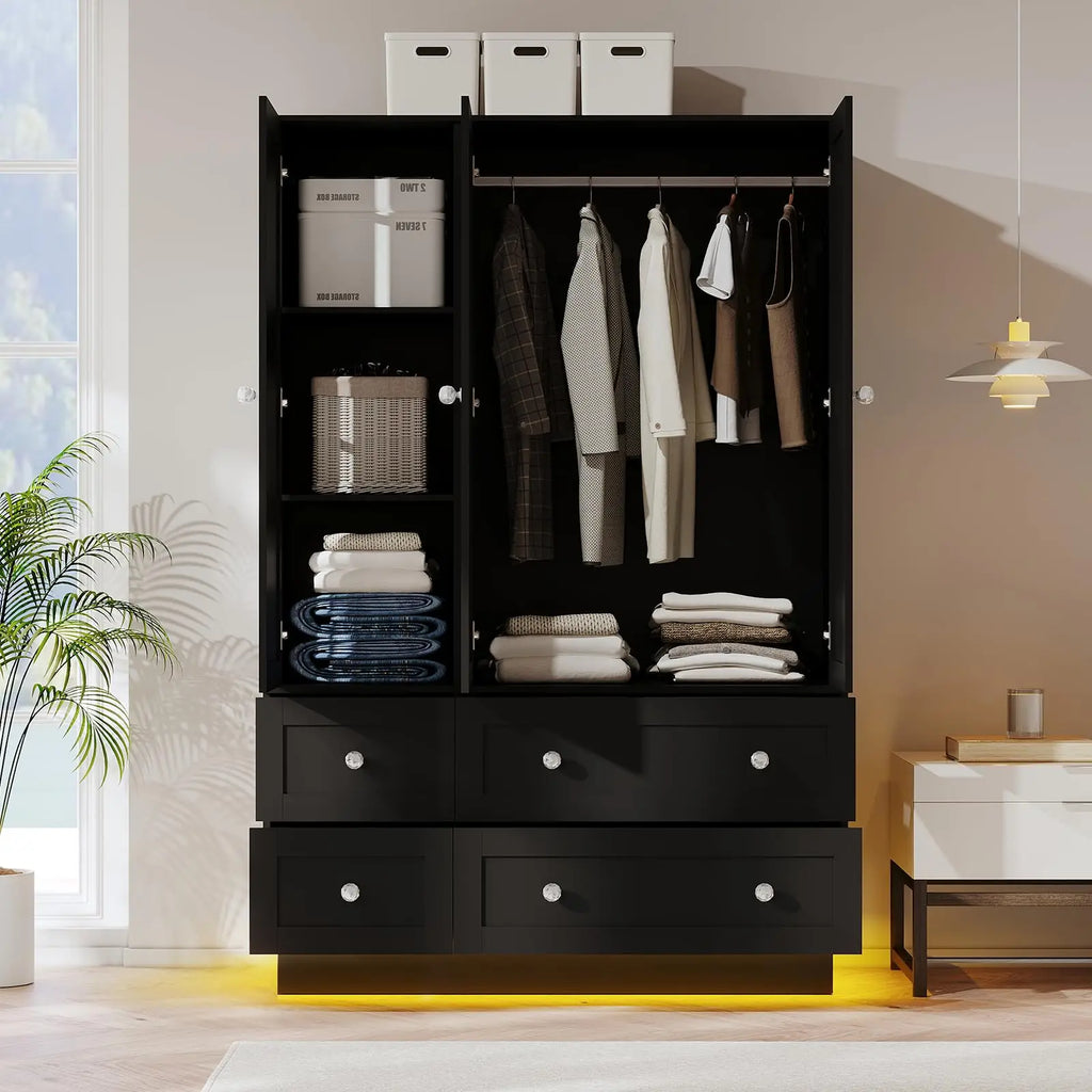 Wardrobe Closet with 3 Doors Bedroom Armoire with Mirror & 4 Drawers