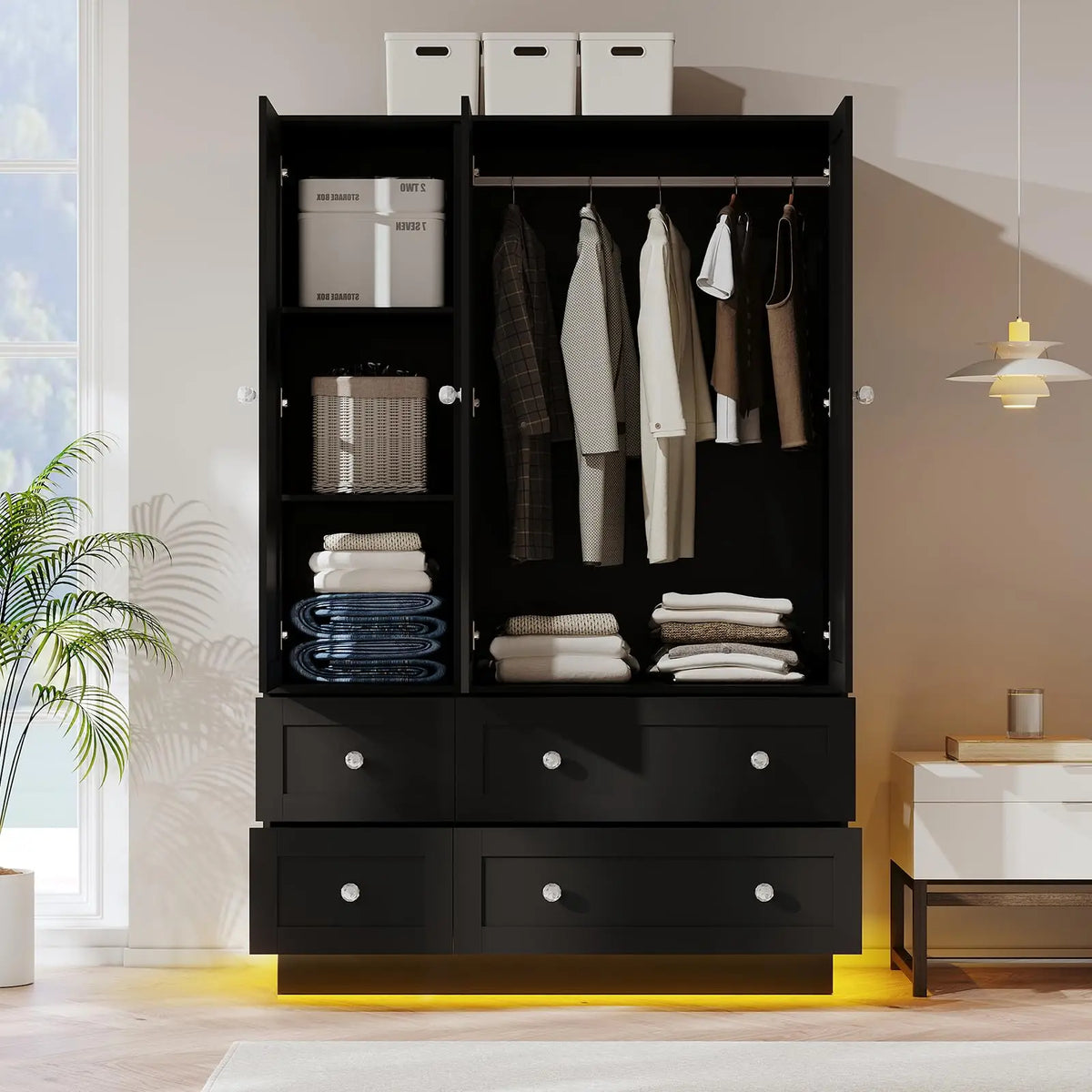 Wardrobe Closet with 3 Doors Bedroom Armoire with Mirror & 4 Drawers