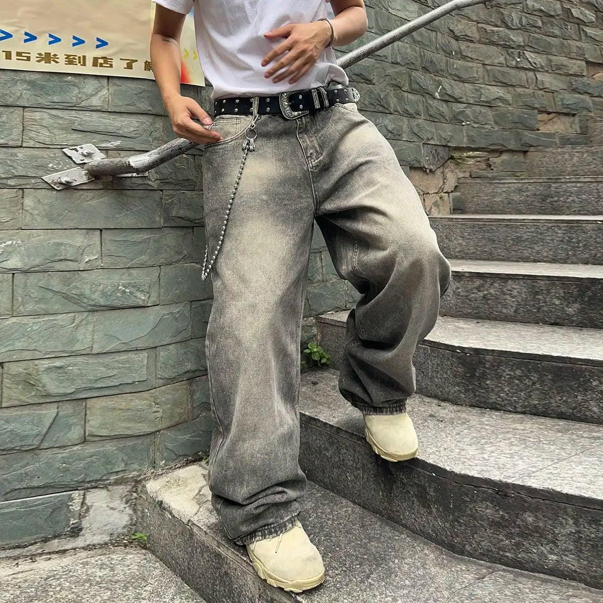 Vintage Men Y2K Gradient Baggy Denim Jeans For Men Washed Casual Loose Denim Pants Streetwear Hip Hop Wide Leg Straight Trousers