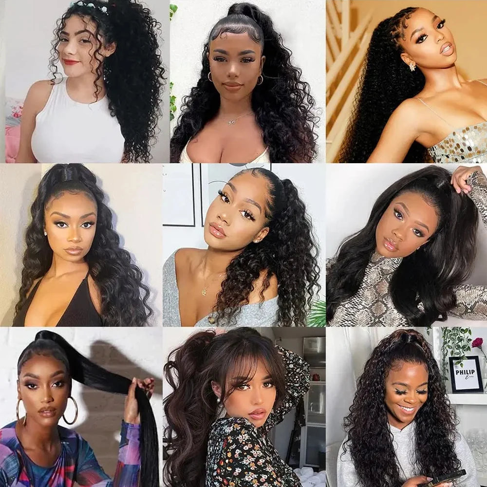 Ponytail Human Hair Wrap Around Kinky Curly Brazilian Remy Hair Extensions 30 Inches Clip Ins Natural Color Hairpiece