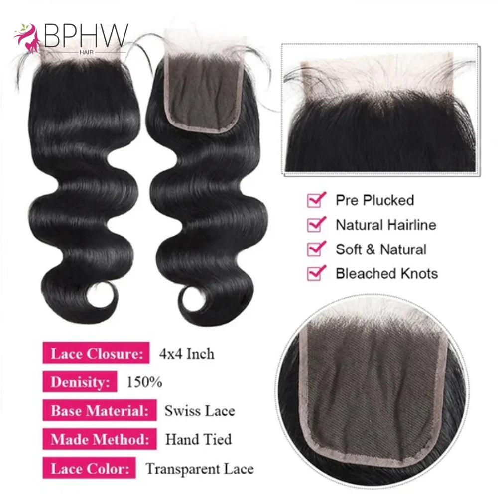 Body Wave 3 Bundles With 4x4 Closure Human Hair 3 Bundles With Lace Closure Brazilian Hair Weave Bundles Remy Hair Extension