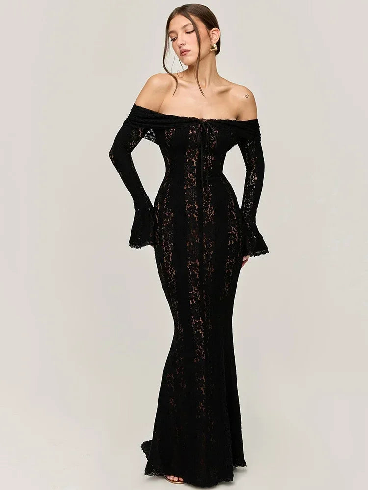 Elegant Lace Off-Shoulder Sexy Maxi Dress Women Strapless Backless Long Sleeve Bodycon Evening Club Party Long Dress