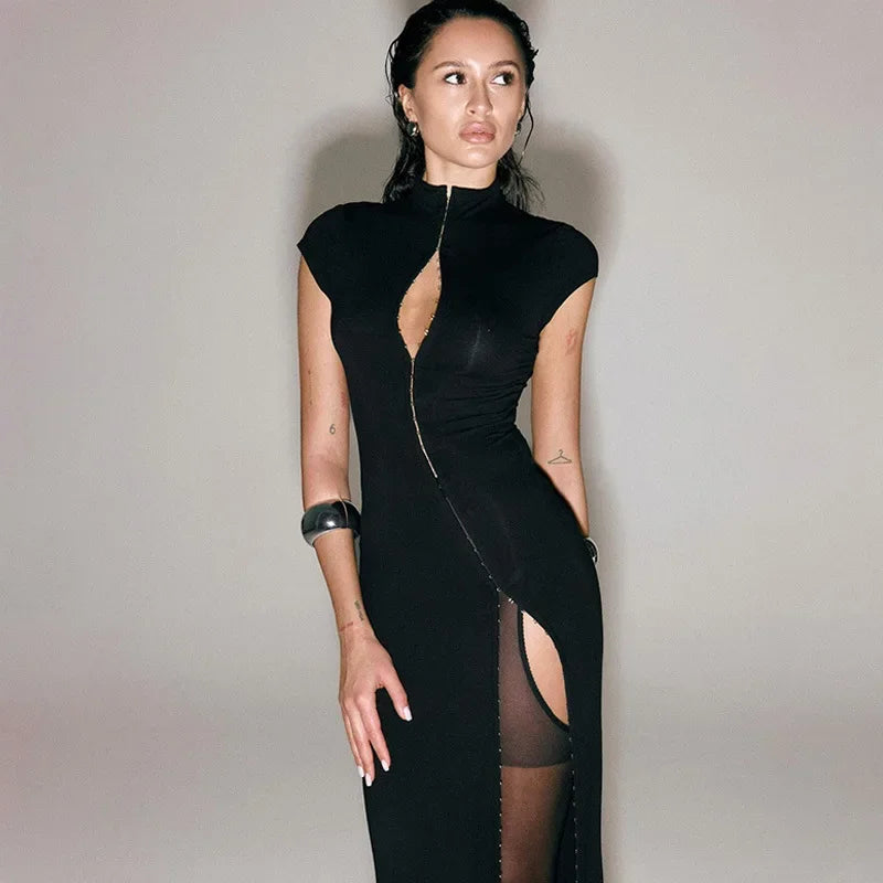 Chic Black Hollow Out Slit Dress Women Fashion Short Sleeve Solid High Neck Slim Fit Maxi Dresses Lady Evening Party Club Robe