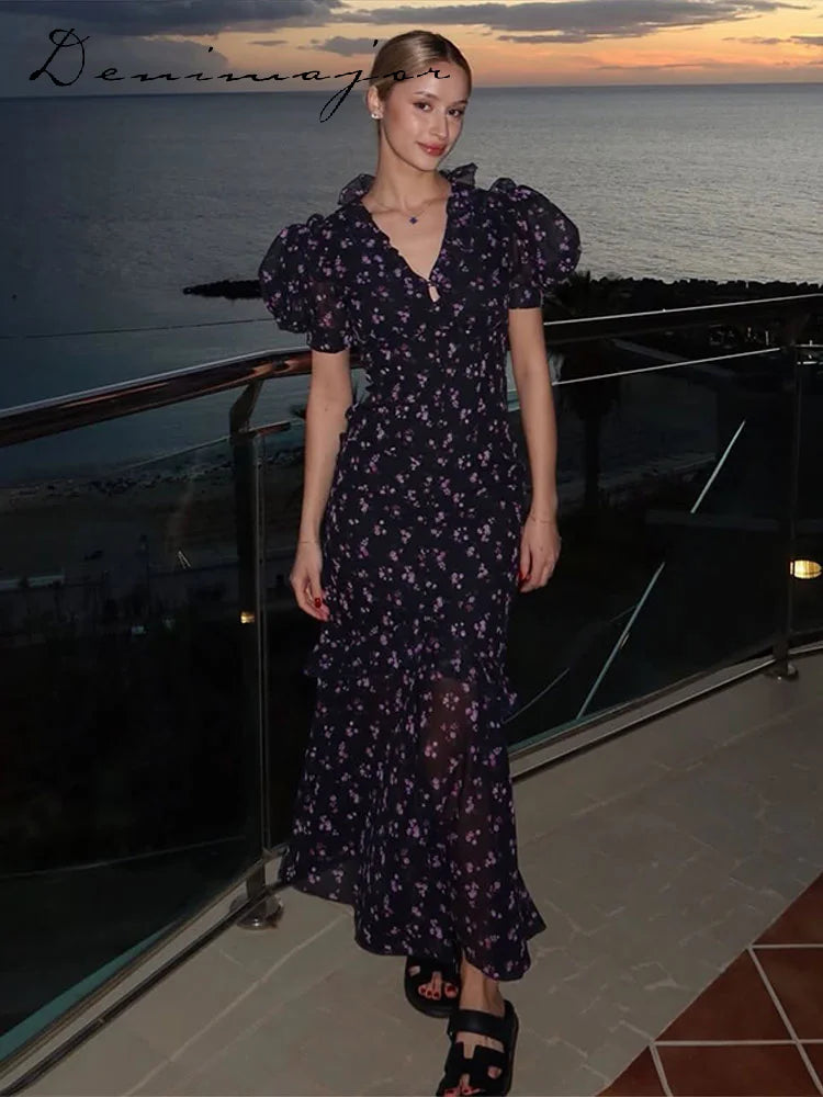 Elegant Printed Lace Trim V-Neck Dress Women Puff Sleeve Ruffled Hem Slit Maxi Dresses 2026 Summer New Lady Fashion Evening Wear