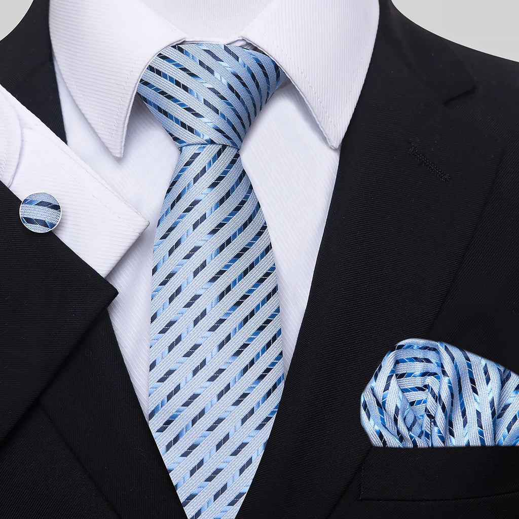 Jacquard Nice Brand Tie Pocket Squares Cufflink Set Necktie For Men Gold Striped Shirt Accessories Fit Wedding Luxury Party