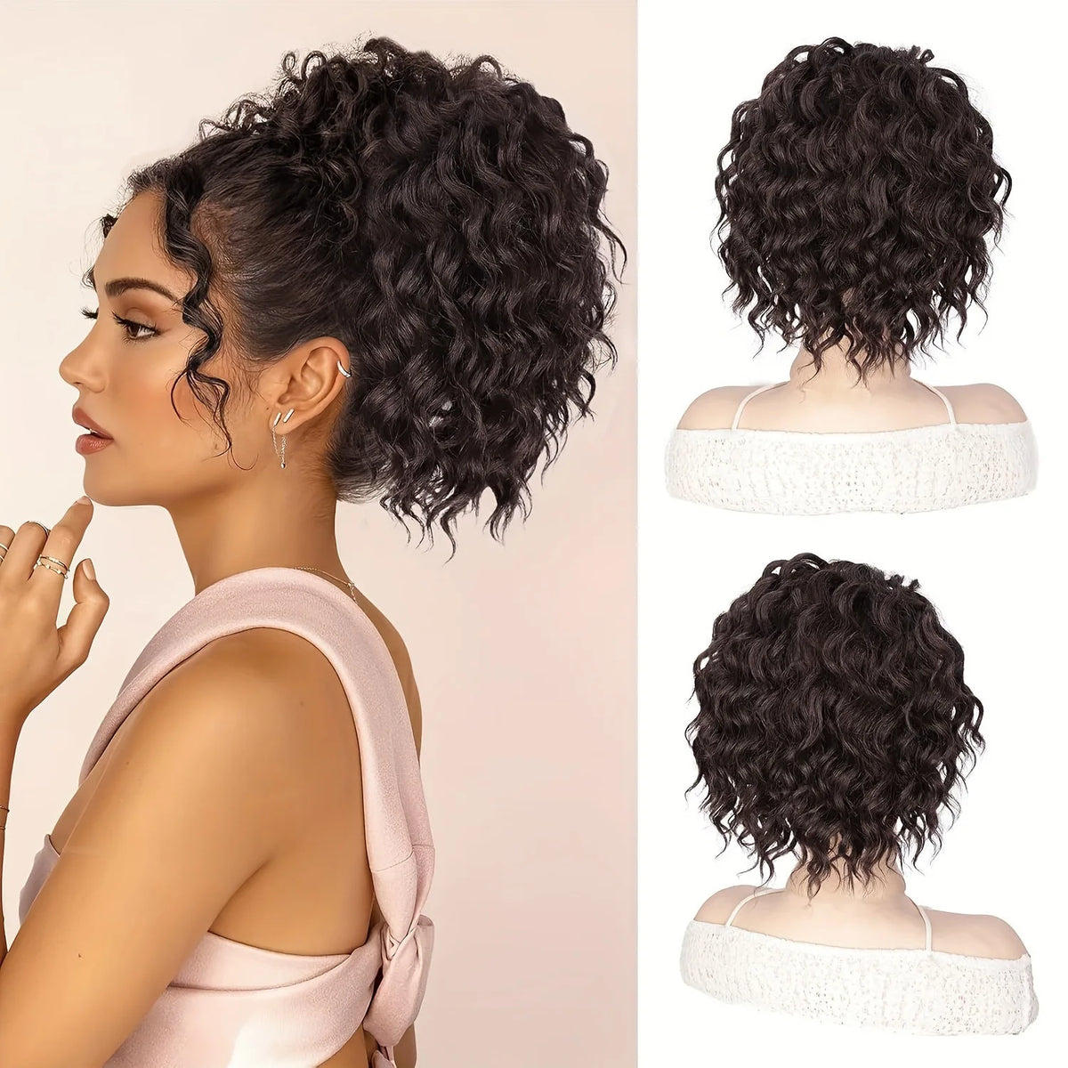 LUPU Wavy Curly Ponytail Extension 10 Inch Black Brown Drawstring Ponytail for Black Women