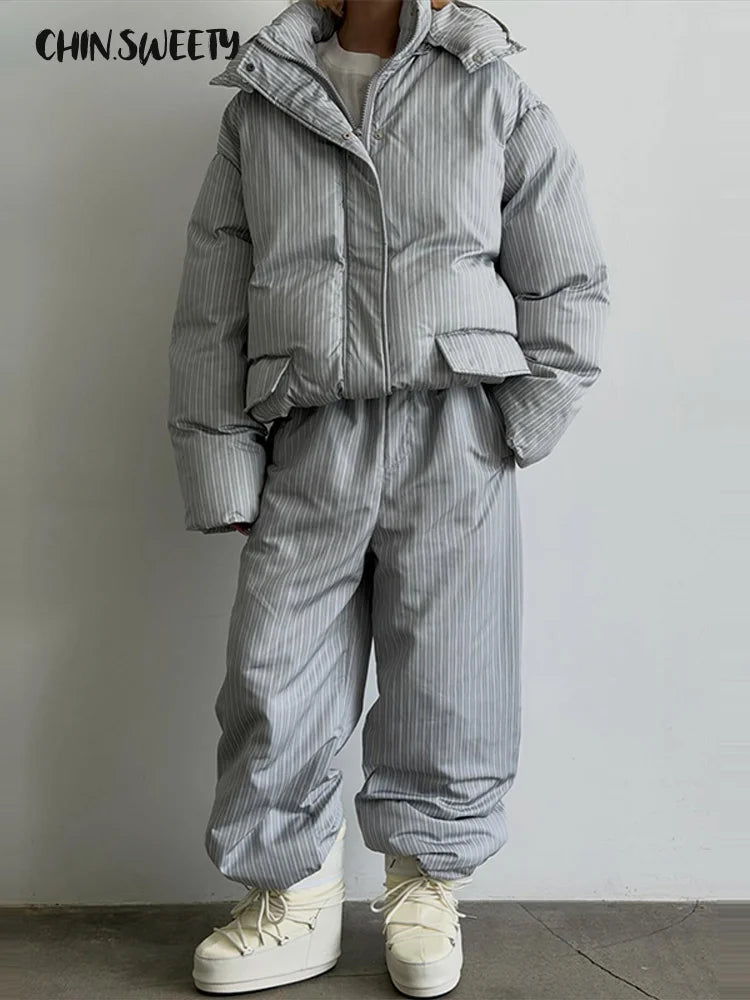 Street Striped Women's Cotton Coat Trouser Suits Hooded Zippers  Autumn Winter Thicken Lady Set 2026 Chic Female Outfits
