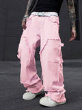 Pink Frayed Wide-Leg All-Season Cargo Denim Jeans
