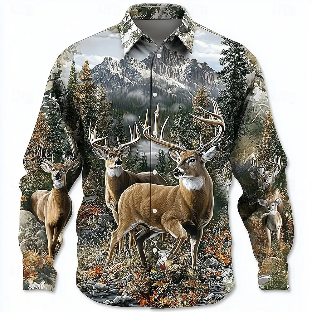 Retro Men's Reindeer Aztec Indian Culture Shirt  Long Sleeve Shirt Casual Men's Deer Hunter Tops 3D Print Collared Shirt
