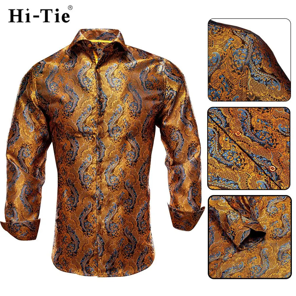 Hi-Tie Gold Black Mens Silk Shirt Paisley Floral Long Sleeve Casual Shirts For Men Jacquard Male Business Party Wedding Dress