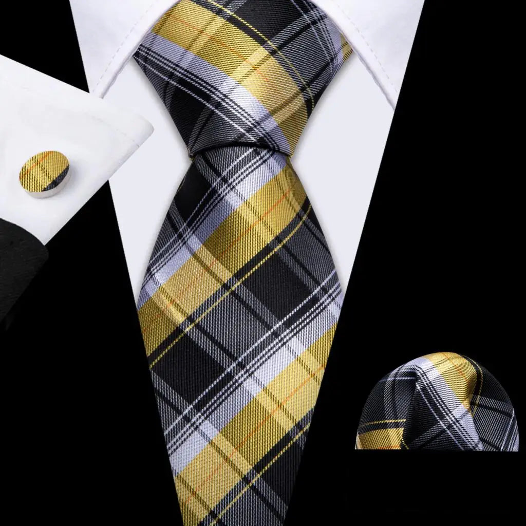 Classic Black Yellow Tie For Men With Pocket Square Cufflink Set Plaid Woven Necktie Business Designer Party Barry.Wang