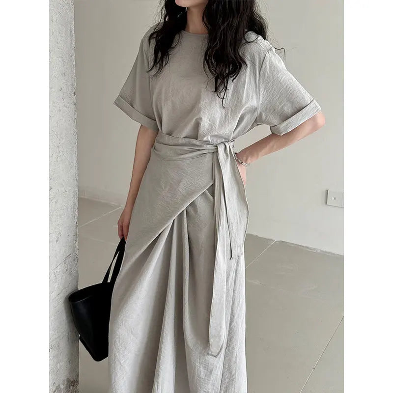 Dress for Women Korean Style Fashionable Casual Strap Short Sleeved Summer New Item with Waist Cinching for Slimming Effect