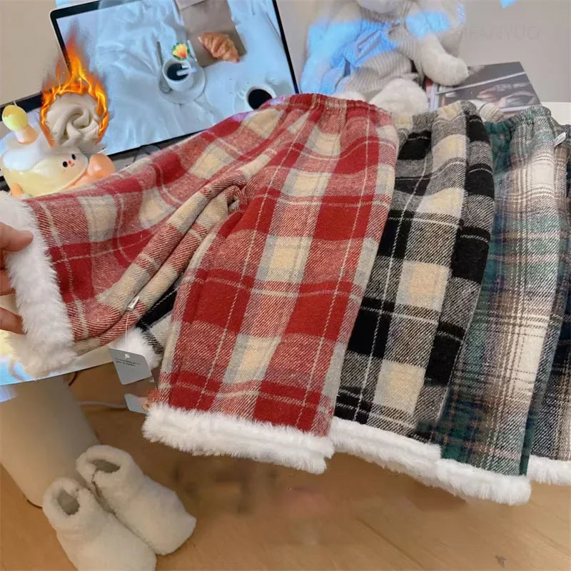 Winter Girls Lamb Wool Plush Warm Casual Pants Thickened Fleece  Children Wide Leg Pant Fashion Baby Plaid Trousers Kid Clothing