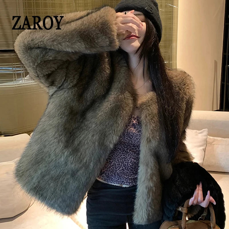 ZAROY Winter Women Faux Fur Coat Luxury Elegant O Neck Cardigan Fur Jackets Warm Shaggy Fur Overcoat Party Banquet шуба женская