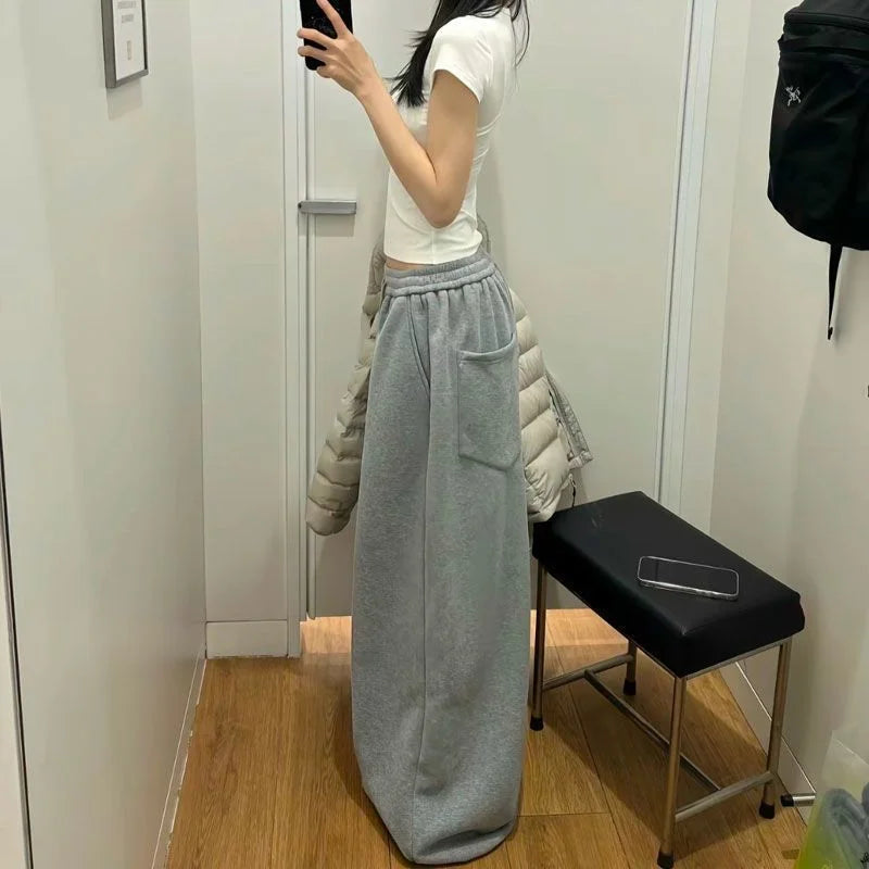 Retro Lazy Style Wide Leg Sweatpants Loose Sporty Floor-Length Trousers Autumn Winter Casual Comfortable Long Pants