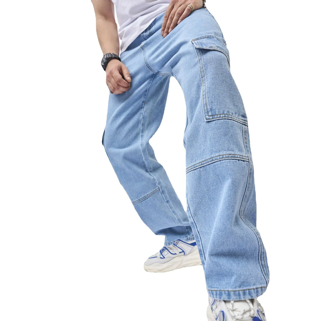 2024 Men's New Style Solid Color Multi-pocket Jeans, American Trendy Loose High Street Wide-leg Fashionable All-match Long Pants
