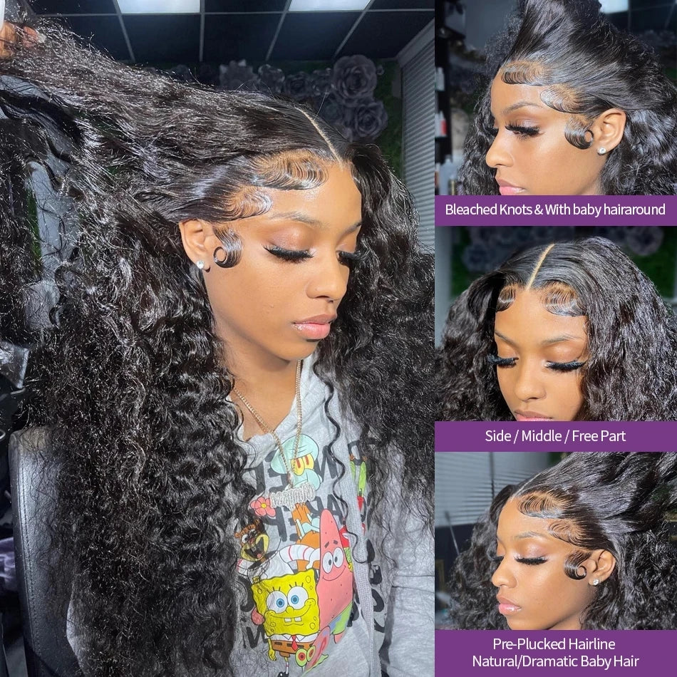 250 Density Water Wave 13x6 HD Lace Front Wig Curly Human Hair Wig Pre Plucked 30 40 Inch Black Deep Wave Frontal Wigs For Women
