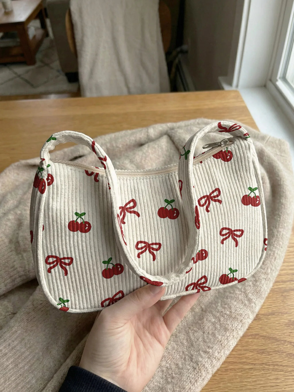 Trendy Cherry & Bow Print Shoulder Bag, Beige Corduroy Underarm Bag for Daily Casual Use