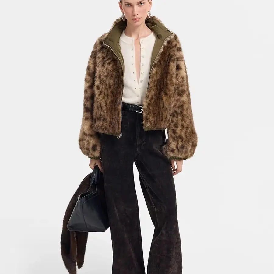 Women Reversible Leopard Print Faux Fur & Olive Nylon Cropped Jacket, Stand Collar Full Zip, Winter Warm Street Commuter
