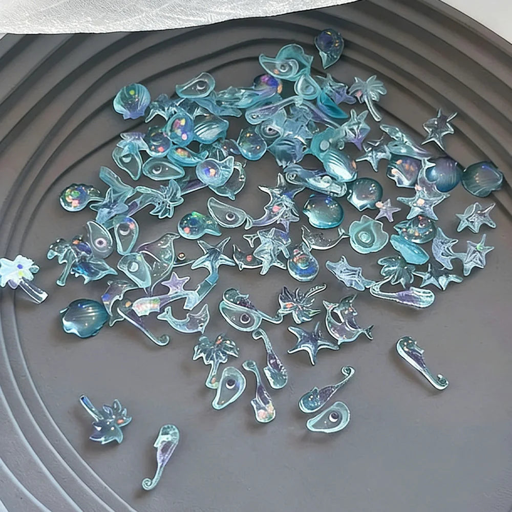 50pcs Mixed Ocean Series Nail Art Decorations White/Blue/Aurora Starfish Scallop Dolphin Nail Charm Marine DIY Manicure Supplies